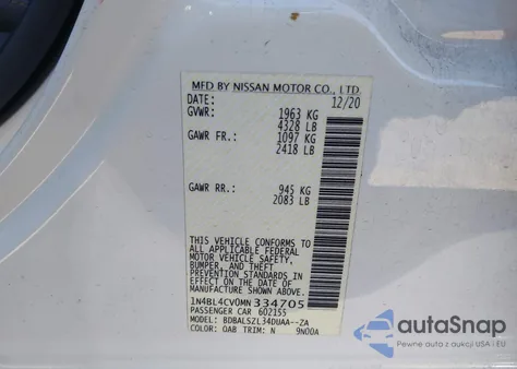 2021 Nissan Altima Sr Fwd из США, поврежденный, VIN 1N4BL4CV0MN334705